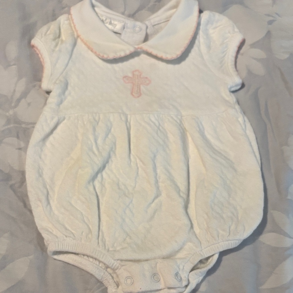 Baby Girls White One-Piece Bubble with Pink Trim